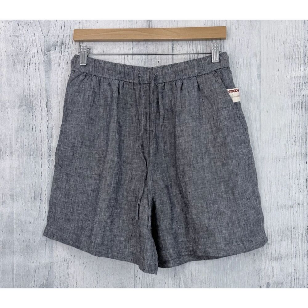 Tahari 100% Linen Shorts Women's M Elastic Waist Chambray Blue Casual Pocket